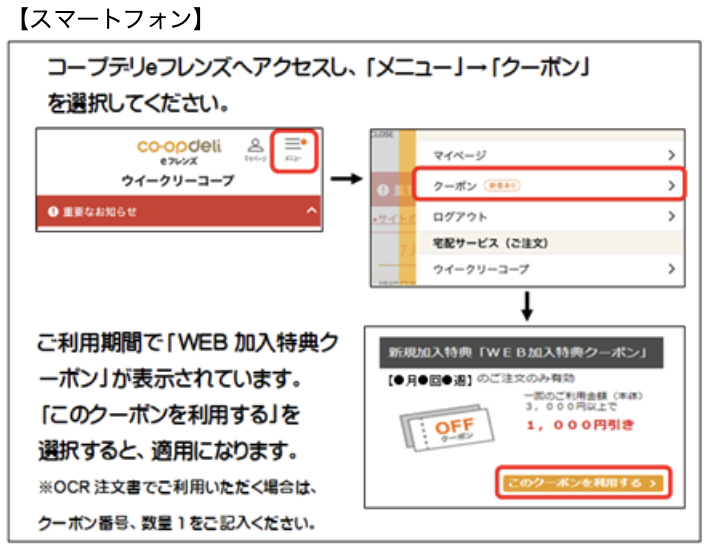 コープデリのweb加入特典「3,000円分クーポン」の利用方法