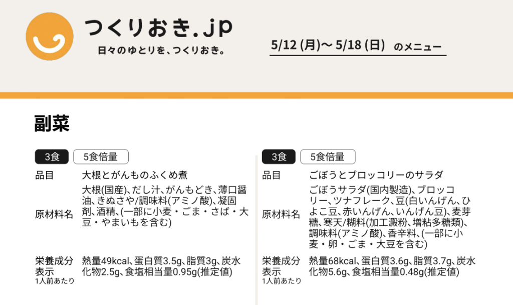 つくりおき.jpの食品表示表