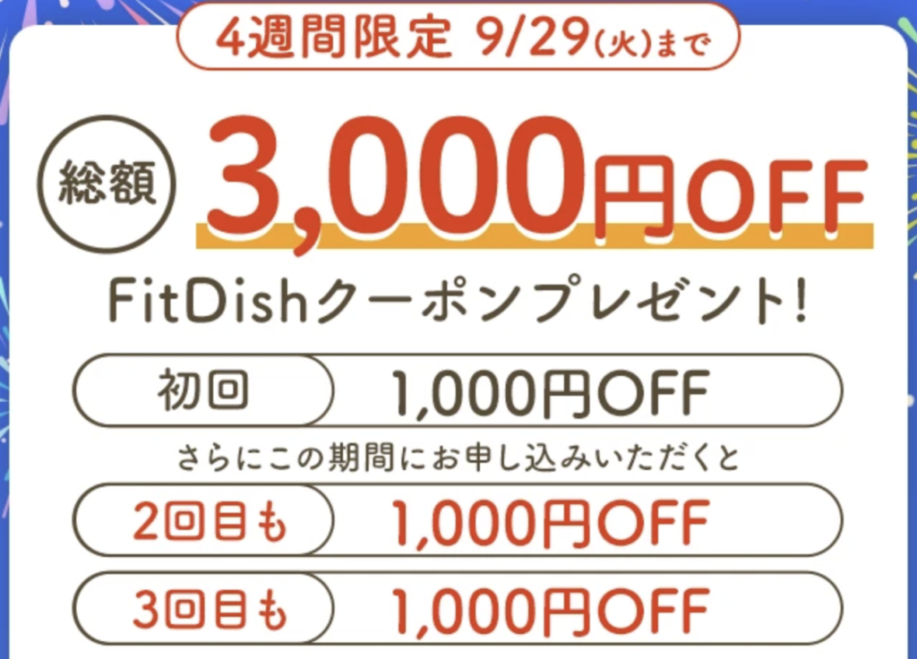 FitDish（フィットディッシュ）最新のクーポン・キャンペーン情報　初回1,000円OFFクーポン・総額3,000円OFF